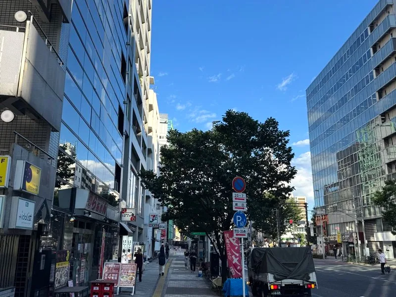 セブンイレブンの前の歩道。並木橋交差点の手前